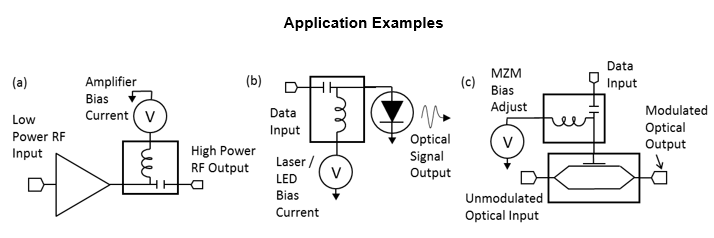 B T2 0040 Example Schematics of a Broadband Microwave Amplifier Biasing, B LASER Led Biasing for Data Communication and C Mach Zender Modulator Biasing for Data Communication