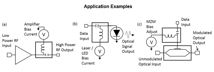 B T1 0040 Example Schematics of a Broadband Microwave Amplifier Biasing, B LASER Led Biasing for Data Communication and C Mach Zender Modulator Biasing for Data Communication